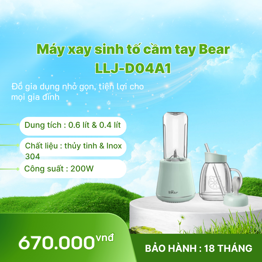 🥤 Máy xay sinh tố cầm tay Bear LLJ-D04A1 – Nhuyễn mịn, tiện lợi, nhanh chóng