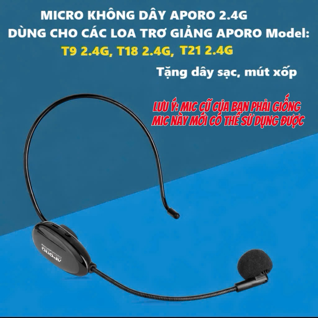 Mic APORO 2.4G DÙNG CHO CÁC LOA TRỢ GIẢNG APORO: T9 2.4G, T18 2.4G, T21 2.4G