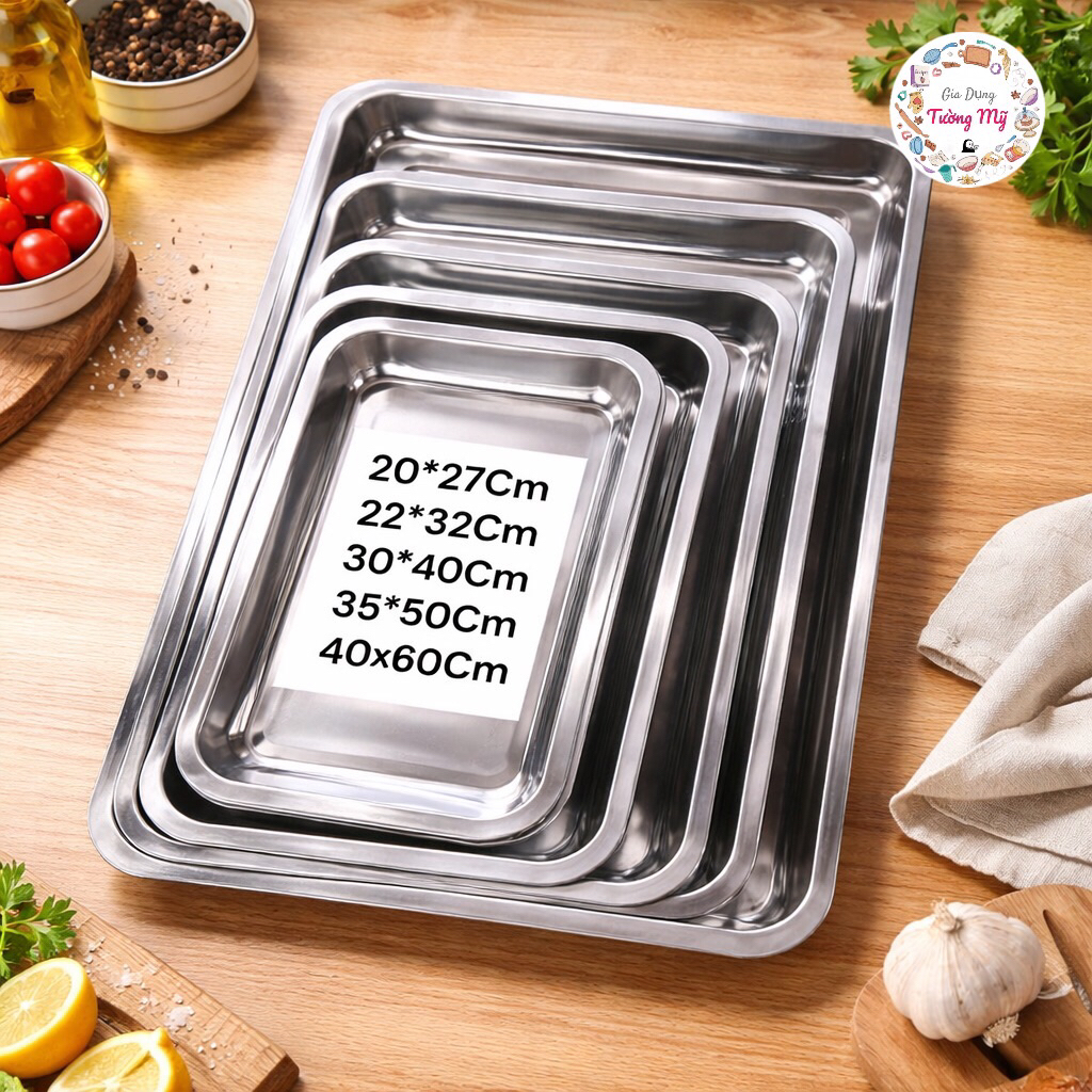 Mâm/ Khay Chữ Nhật Inox Đủ Size - Loại Cạn & Sâu - Gia Dụng Tường Mỹ