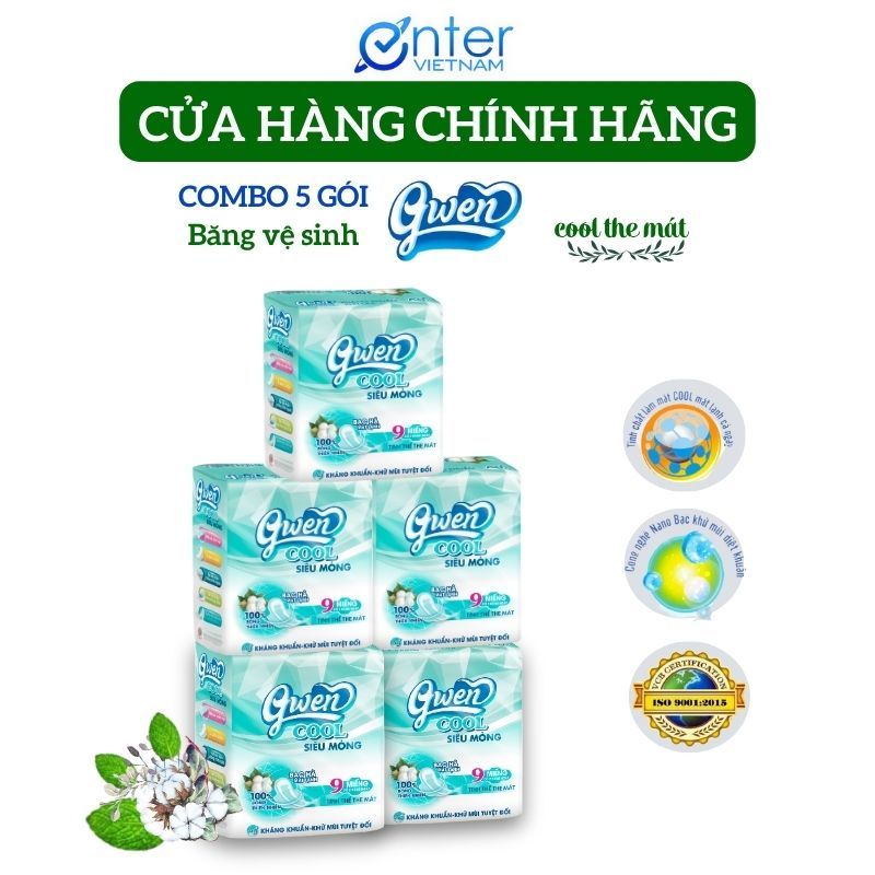 Băng Vệ Sinh Gwen Cool  9 Miếng Mặt Vải Nhung Êm Mềm Bạc Hà Mát Lạnh  Combo 5 Gói