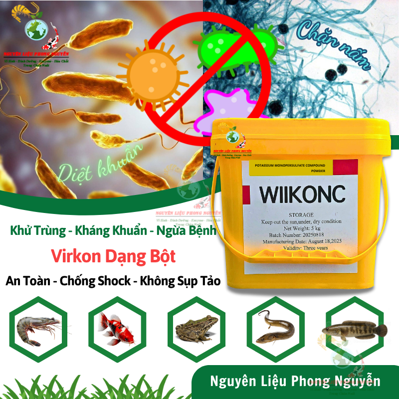 virkon dạng bột diệt khuẩn ngừa nấm cho tôm cá ếch lươn ốc, an toàn chống sốc, không sụp tảo ao nuôi