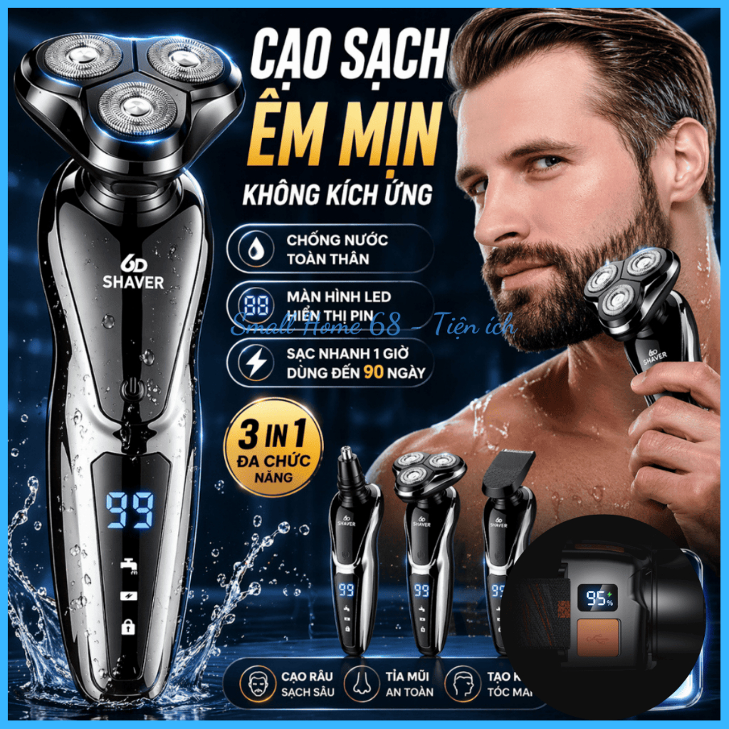Máy Cạo Râu Cao Cấp 6D Shaver S-1168 3 in 1 Cạo Râu Tỉa Lông Mũi Tăng Đơ Cắt Tóc Pin Trâu Chống Nước