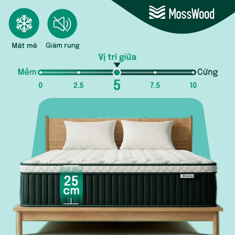 Nệm lò xo cao cấp MOSSWOOD 25cm mềm mại thoải mái, chống rung lắc và không gây tiếng động, hỗ trợ nhận hàng thanh toán | BigBuy360 - bigbuy360.vn