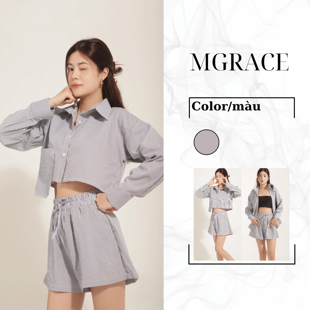 Set Đồ Nữ MGRACE - ALLY SET Áo Croptop Tay Dài Và Quần Đùi Kẻ Sọc - Chất Kate Cao Cấp