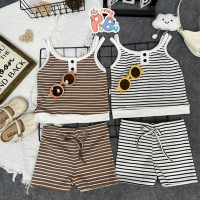 Set Bộ Áo Hai Dây Phối Quần Đùi Ngắn Cho Bé Gái, Vải Zip Kẻ Mềm Mát - SIMEEFA-Pibo Store- B4DK