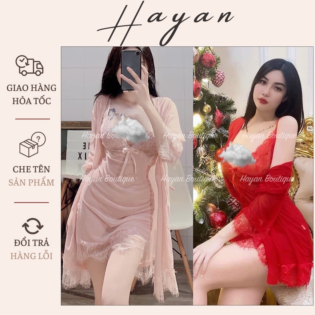 HT800 Set váy ngủ và áo choàng sexy ren mềm mại xuyên thấu, set đồ ngủ ren tay lỡ gợi cảm HT800