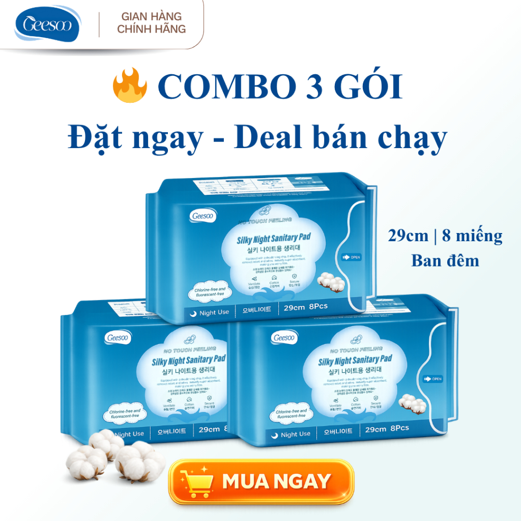 BVS Ban Đêm Geesoo 29cm – Êm Dịu Da Nhạy Cảm, Chống Tràn, Graphene Kháng Khuẩn 8 Miếng