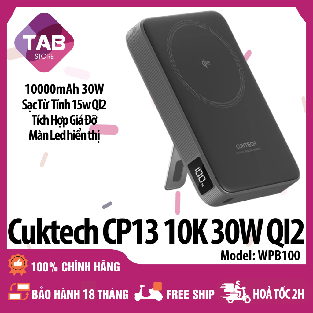 Cuktech CP13 Sạc Không Dây 10000mAh 30W QI2 WPB100 - Bảo Hành 18 Tháng