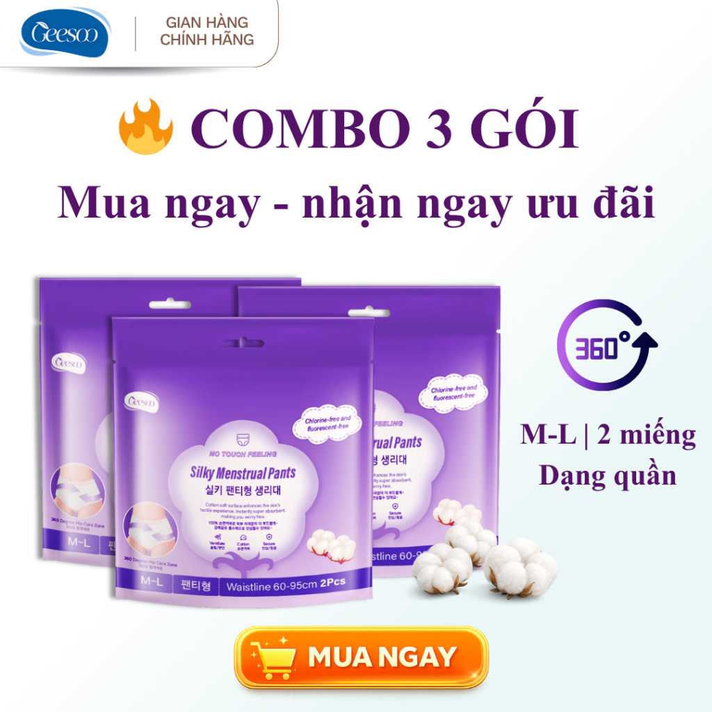 BVS Quần Geesoo – Chống Tràn 360°, Siêu Thấm, Ôm Sát Thoải Mái, Thoáng Khí Ban Đêm, 2 miếng/gói