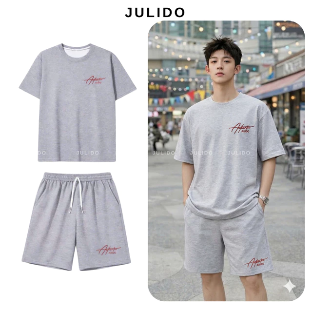 Bộ quần áo nam nữ vải COTTON ngắn tay cao cấp thêu hình JULIDO thoáng mát mùa hè Menswear