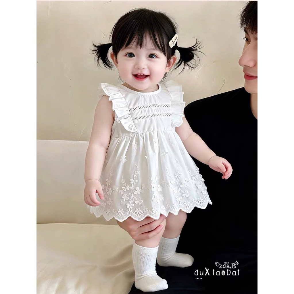 Váy trắng cho bé gái SUSHI BABY SHOP body liền thân sơ sinh ren trắng hoa mùa hè mềm mát đầm đầy thá