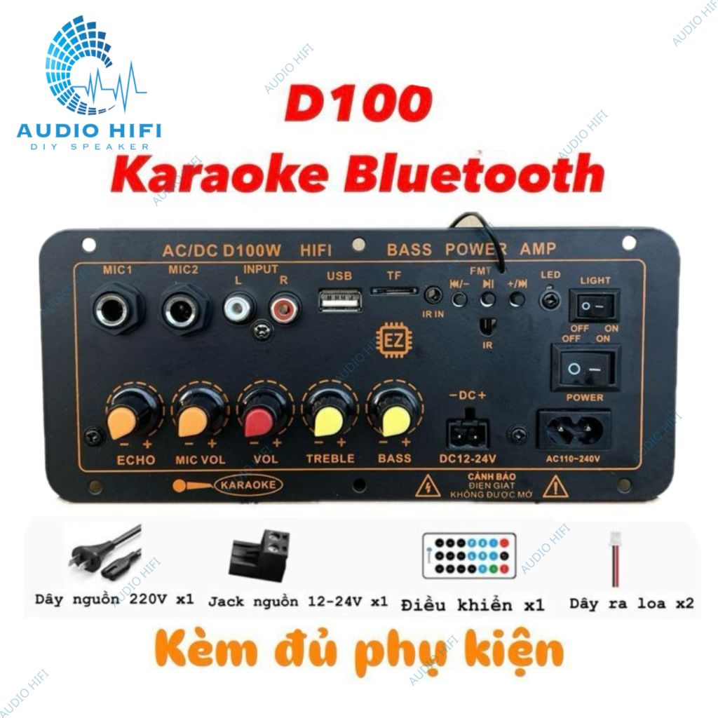 Mạch loa D100 hát Karaoke Bluetooth 5.0 - 300W, có cổng cắm mạch mic không dây, 12V/24V/220V (Tặng k