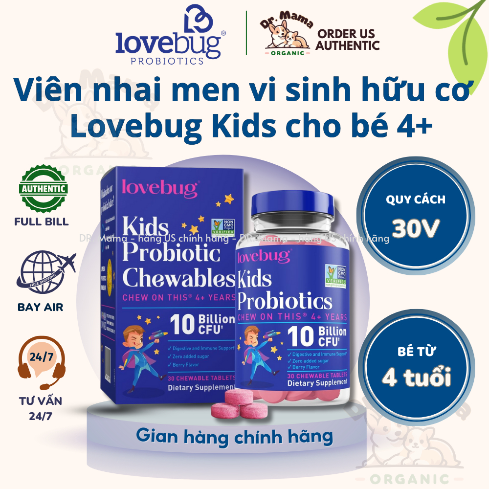 Men vi sinh Lovebug Kids Probiotic dạng viên nhai cho bé từ 4 tuổi - hộp 30v
