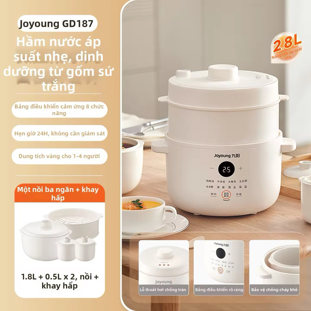 Nồi nấu chậm Joyoung JSC-187 (1.8L 3 thố sứ) hấp hầm chưng yến hẹn giờ