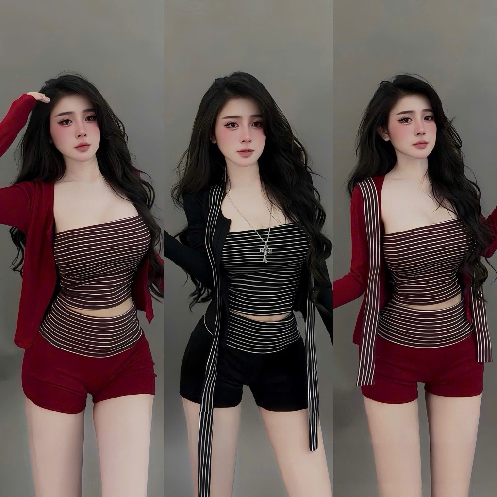 Sét bộ 4 món , áo ống sọc , phối quần đùi lưng cao sọc lưng , kèm áo khoác cực hot