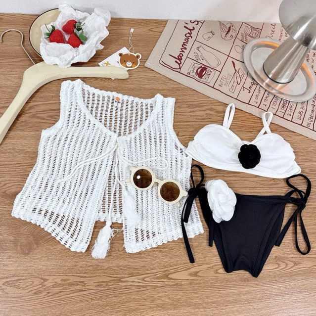 Bikini cho bé gái 7 tuổi, đồ bơi bé gái 3CT, set bikini 2 mảnh cho bé gái đính hoa kèm áo choàng lướ