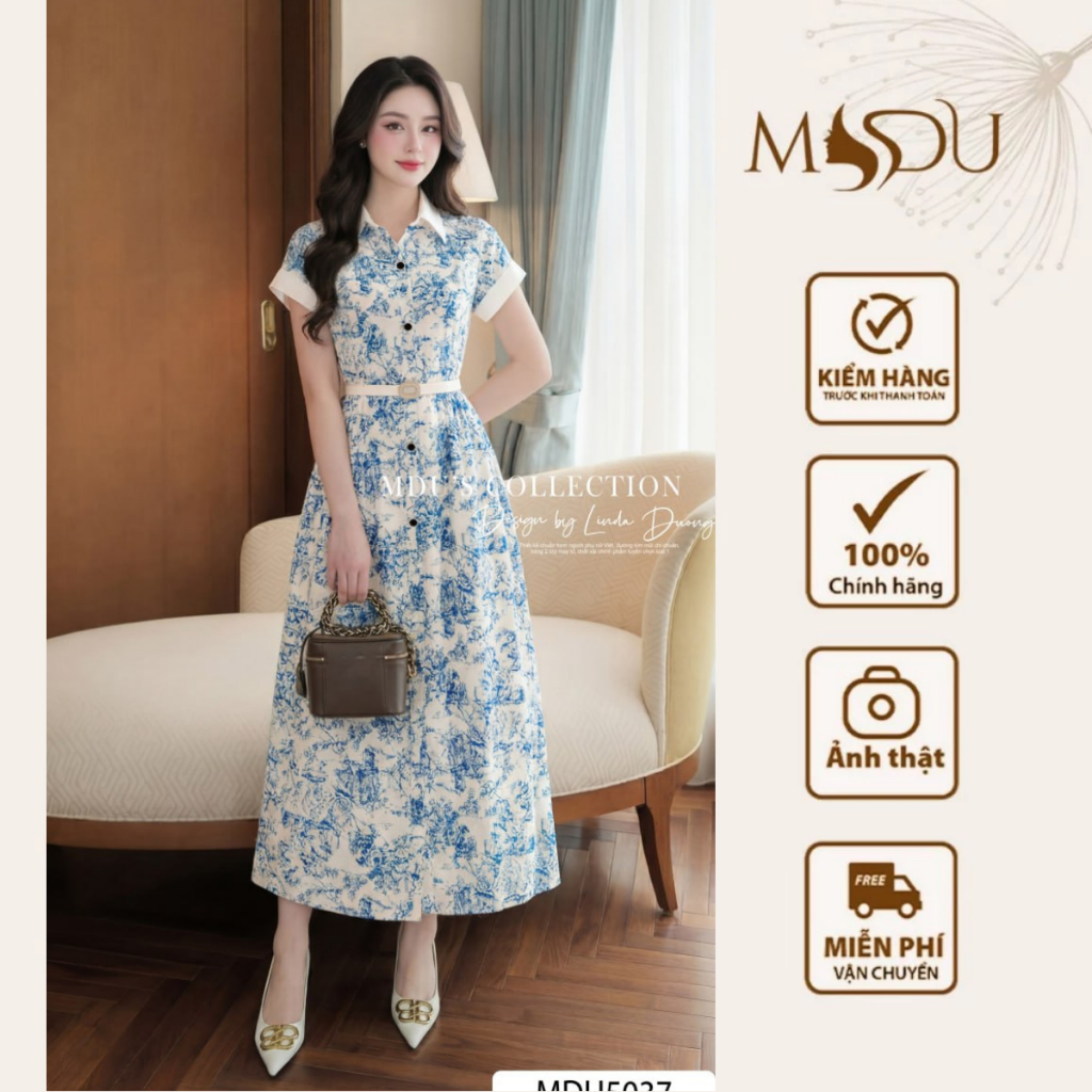 Váy Công Sở MDU5037 Lụa Mango Nhẹ Mát Êm Ái Cổ Sơ Mi Trẻ Trung Dáng Xòe Thanh Thoát