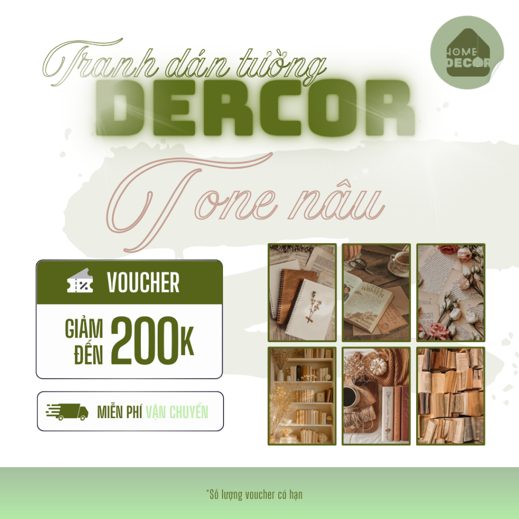 Tranh trang trí chủ đề SÁCH dán tường Atwork Đèn Decor tone NÂU cute hiện đại trang trí phòng