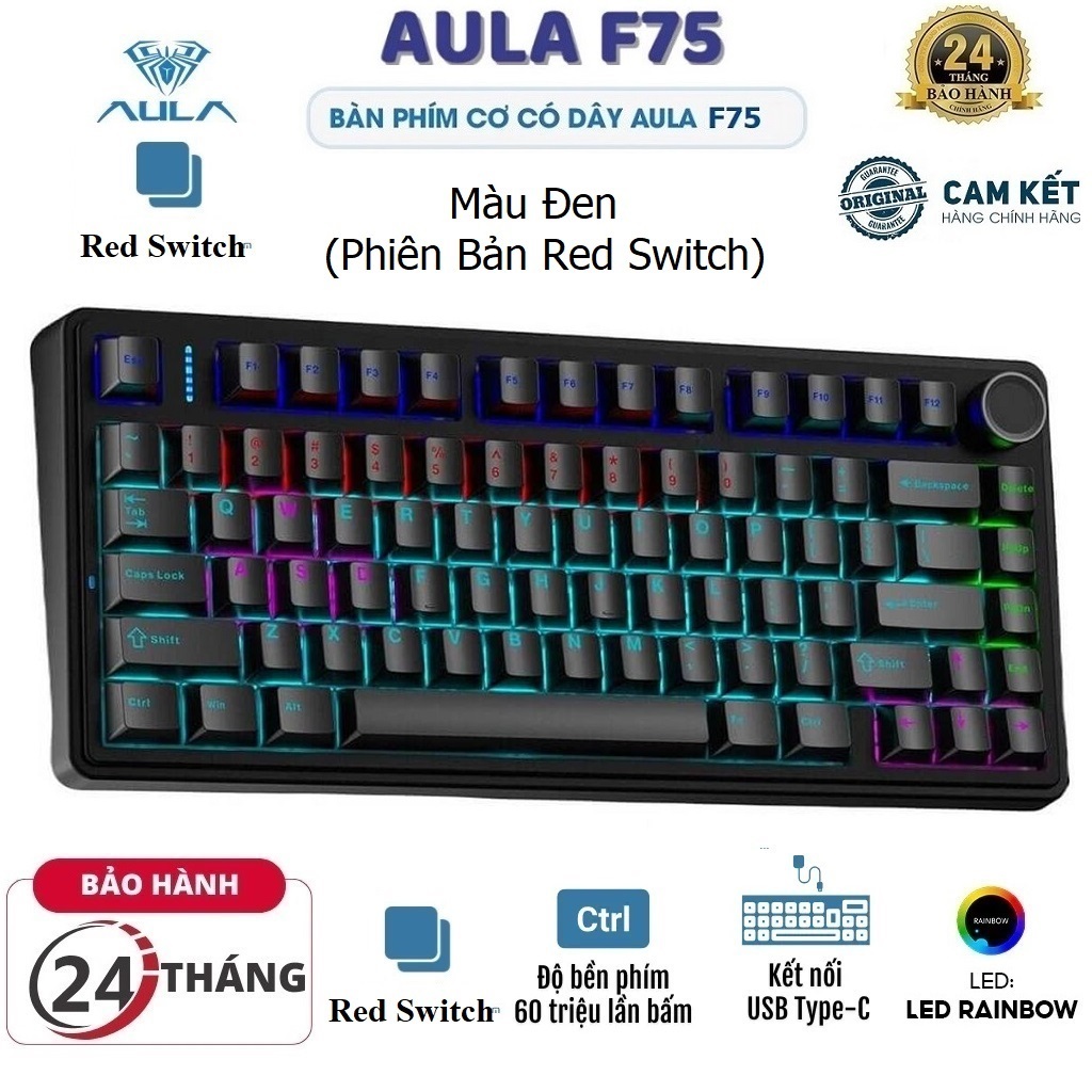 Bàn phím cơ Gaming có Dây chính hãng AULA F75 1 Mode Đèn nền Led Rainbow, Hotswap 5 pin, Núm xoay (M