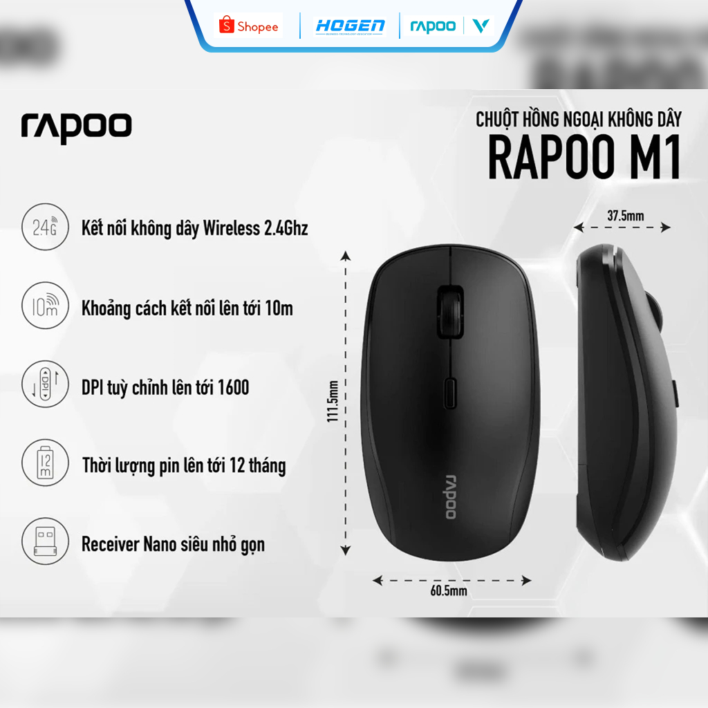 Chuột Không Dây Rapoo M1 | Kết nối 2.4GHz | 800-1600 DPI | Tặng 1 Pin AA | Bảo hành 24 tháng | BigBuy360 - bigbuy360.vn