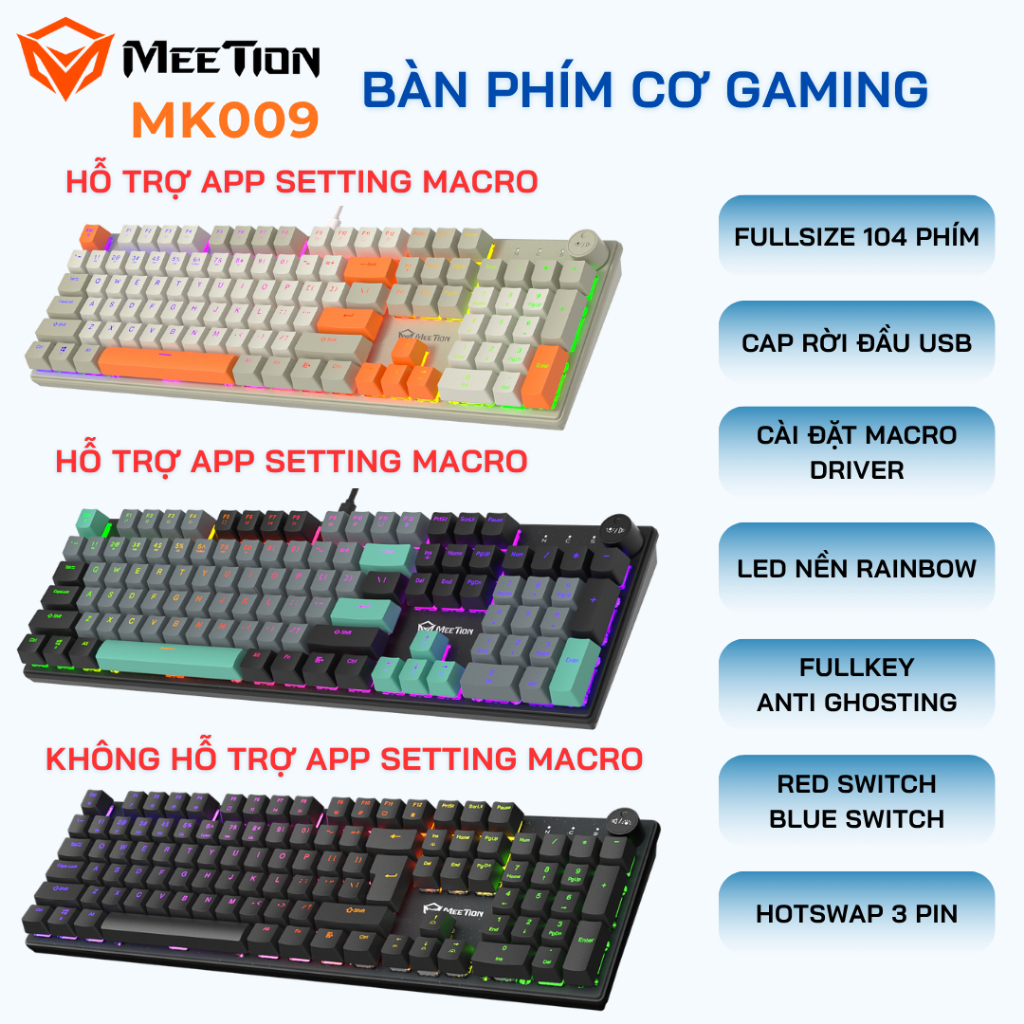 Bàn phím cơ gaming Meetion MK009 Fullsize 104 phím Hot-swappable (Red/Blue Switch), LED nền Rainbow,