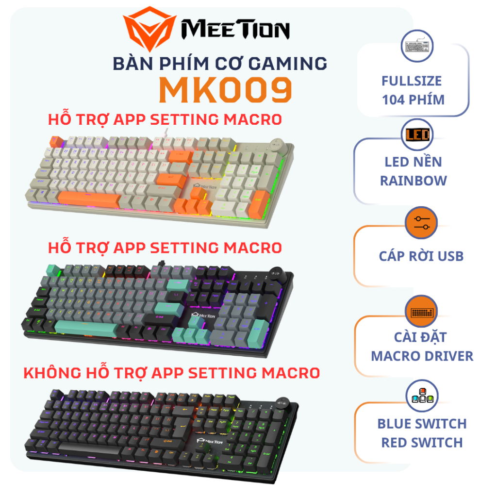 Bàn phím cơ gaming Meetion MK009 Fullsize 104 phím Hot-swappable (Red/Blue Switch), LED nền Rainbow,