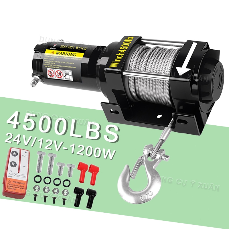máy tời điện 24V/12V Tời Cứu Hộ 4500LBS lực kéo 1590kg Máy tời tốc nhanh cơ 100% dây đồng