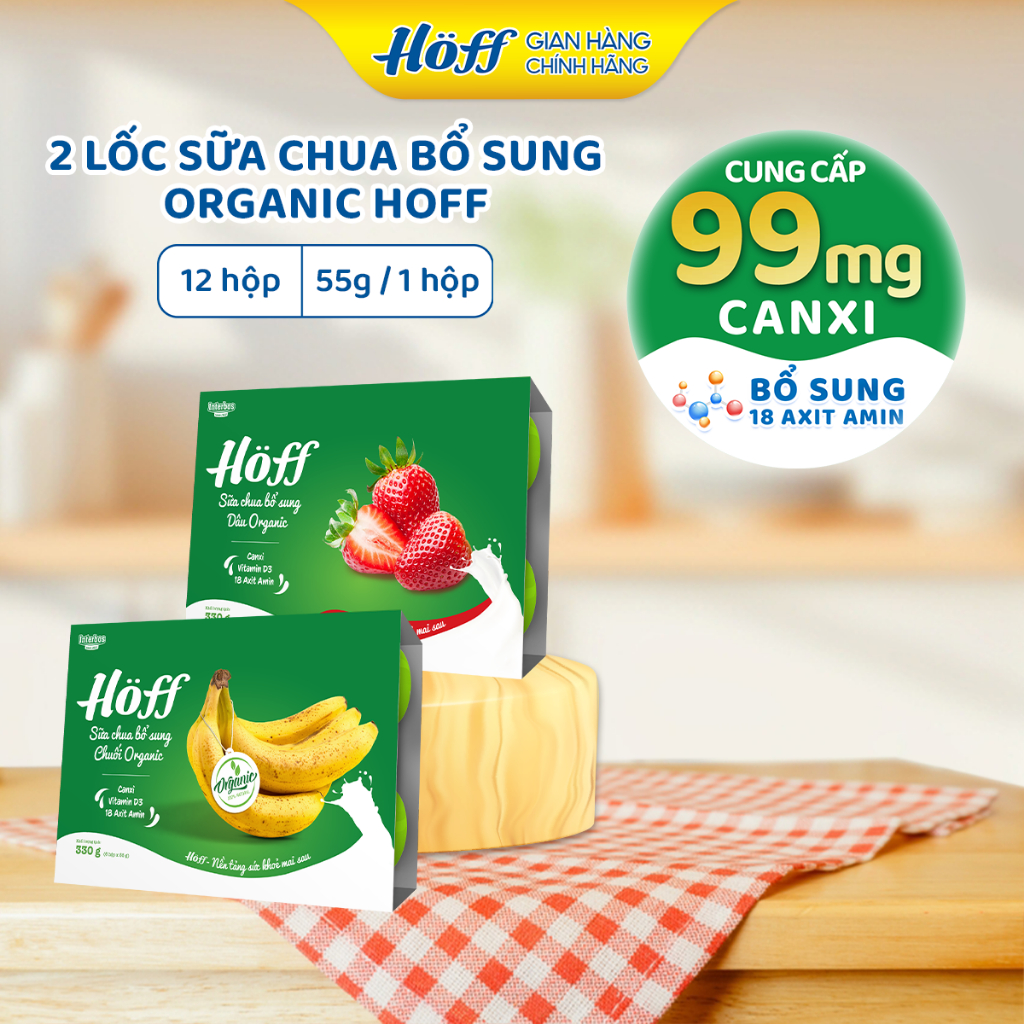 Combo Sữa Chua HOFF mix vị bổ sung Chuối/Dâu Organic bổ sung dưỡng chất cho bé 2 Lốc (12 hộp x 55g)