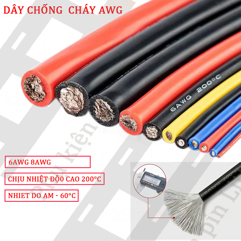 Dây điện AWG silicon mềm dẻo chịu nhiệt 200°C 6AWG 8AWG Dây 0.5M-1M