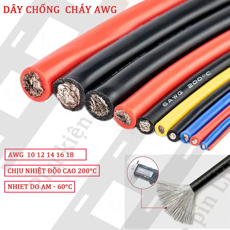 Dây điện AWG silicon mềm dẻo chịu nhiệt 200°C  10AWG 12AWG 14AWG  16AWG 18AWG Dây 1M