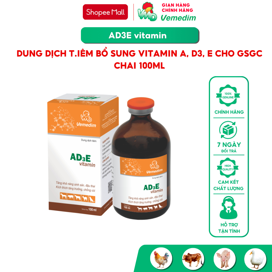 Vemedim AD3E bổ sung vitamin giúp nâng cao năng suất vật nuôi, chai 100ml