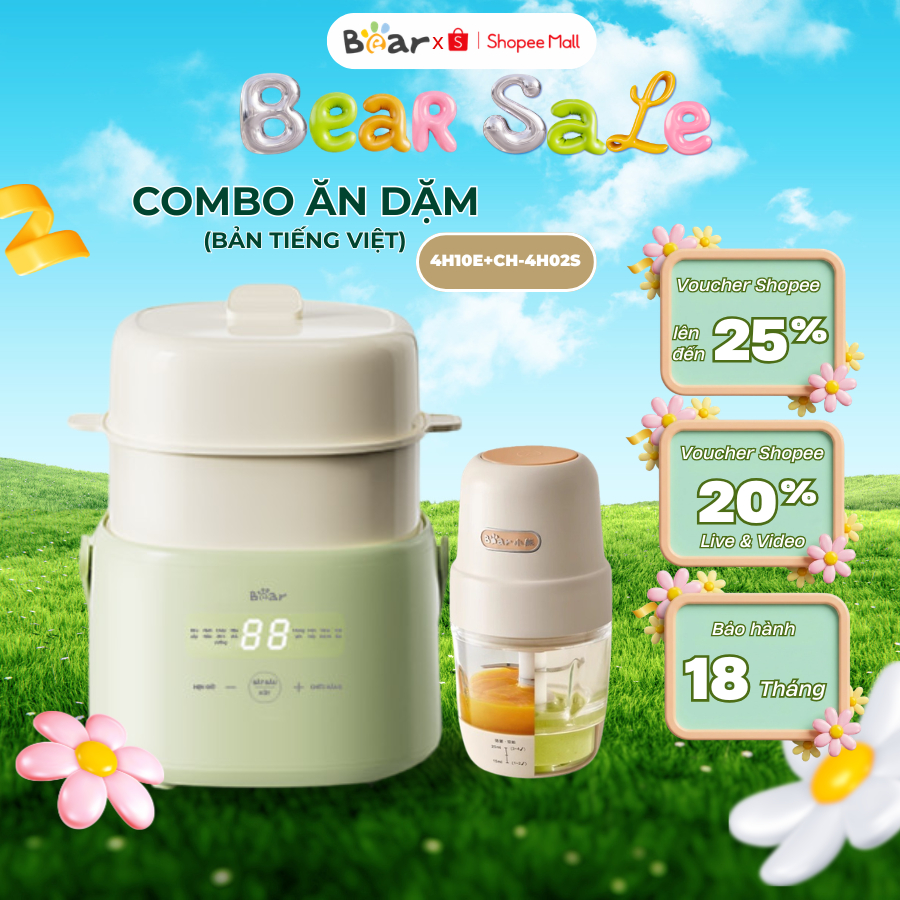 COMBO Ăn Dặm Bear Nồi Nấu Cháo Chậm 1L SC-4H10E Và Máy Xay Ăn Dặm Mini 0.3L CH-4H02S Cho Mẹ Và Bé