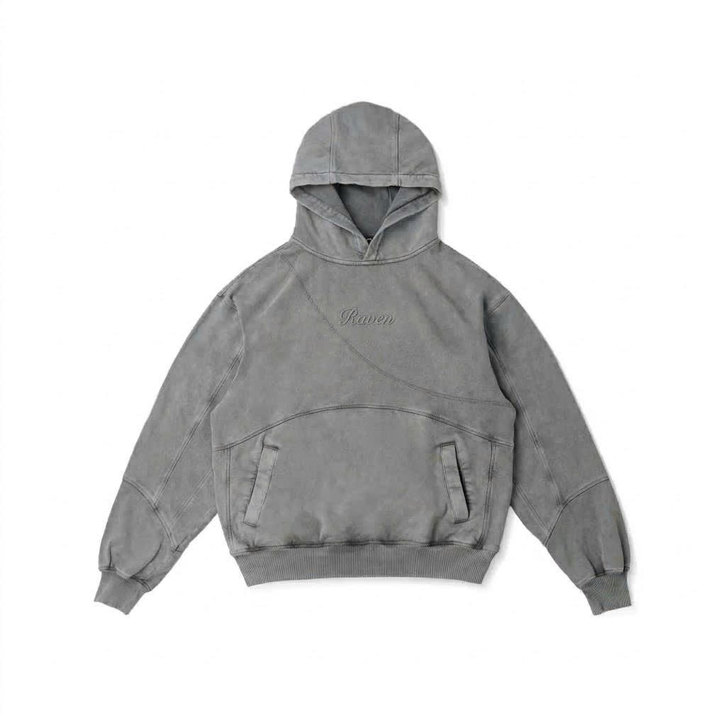 Raven Hoodie Wash Premium - Áo Khoác Nỉ Xám Khói Form Rộng Dày Dặn