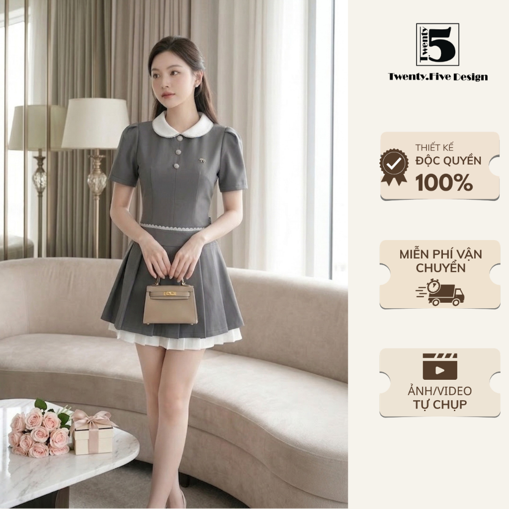 Đầm nữ cổ bèo xếp ly, váy chữ A ngắn tay đính cúc đá, đầm tiểu thư thanh lịch nhẹ nhàng - Twentyfive