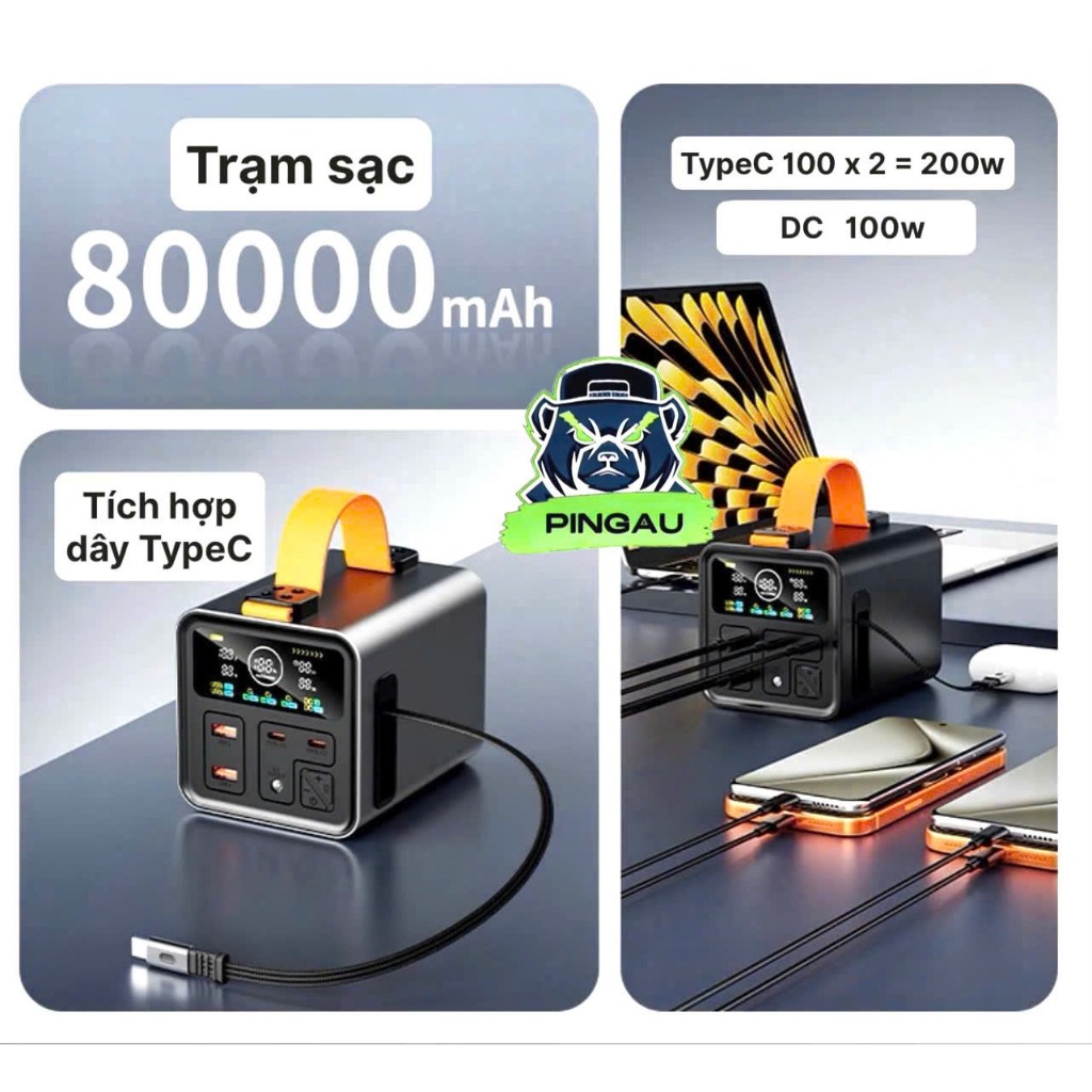 Vỏ mạch TRẠM SẠC dự phòng 80000mAh 2 cổng TypeC x 100w DC100w tích hợp dây sạc TypeC PG-M8 (không kè