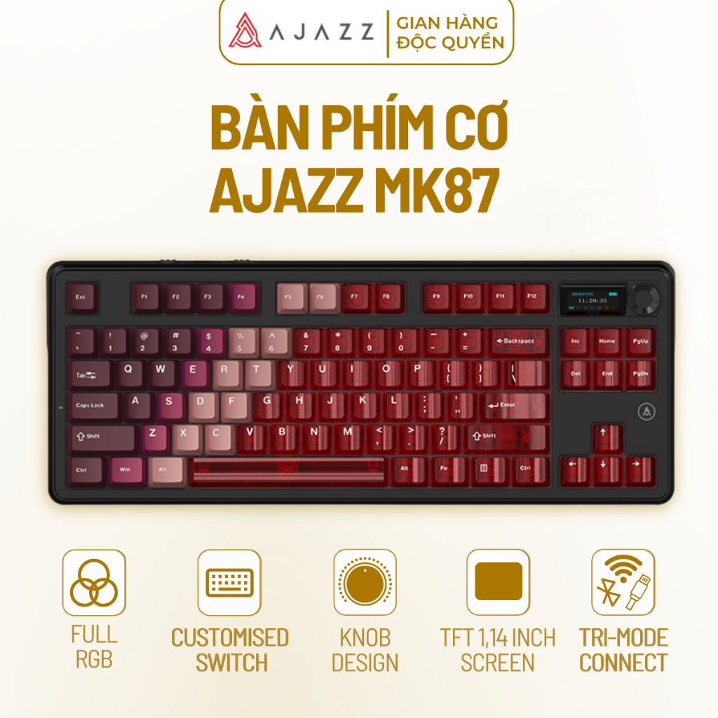 Bàn Phím Cơ AJAZZ MK87 (AK870 V2), 3 Mode Kết Nối, Mạch Xuôi Led RGB Núm Xoay Điều Khiển