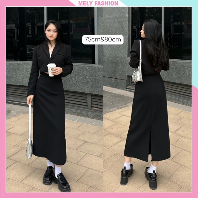 Chân váy nữ midi dáng dài chữ A Mely Fashion trẻ trung công sở cạp cao che bụng tôn dáng có xẻ sau có bigsize CV59-01