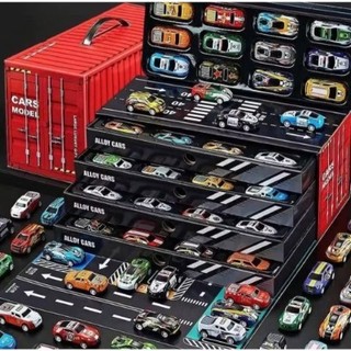 Mô Hình 48 Xe Ô Tô Đồ Chơi Chạy Đà Đường Đua, Hộp Đựng Hình Thùng Container