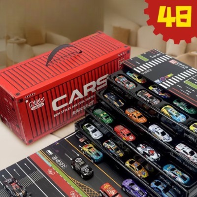 Mô Hình 48 Xe Ô Tô Đồ Chơi Chạy Đà Đường Đua, Hộp Đựng Hình Thùng Container