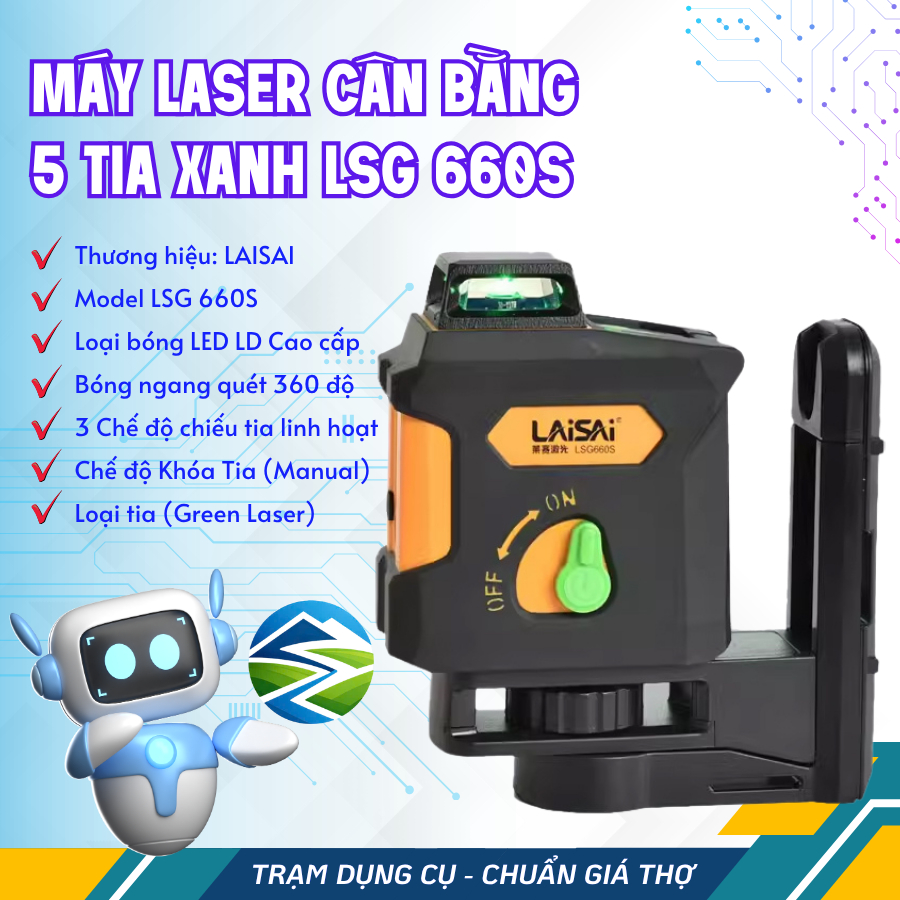 Máy Cân Bằng Laser 5 Tia Xanh LAISAI LSG 660S - Bóng LED 360 Độ Cao Cấp, Quét Ngang Toàn Cảnh, Chống
