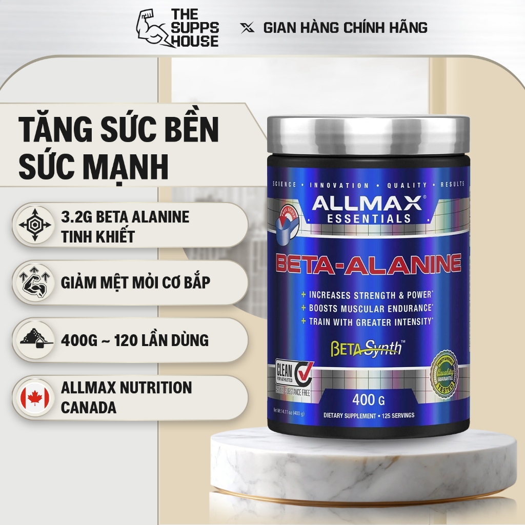 Bột tăng sức bền Allmax Beta-Alanine (400g) tăng sức mạnh,giảm mệt mỏi
