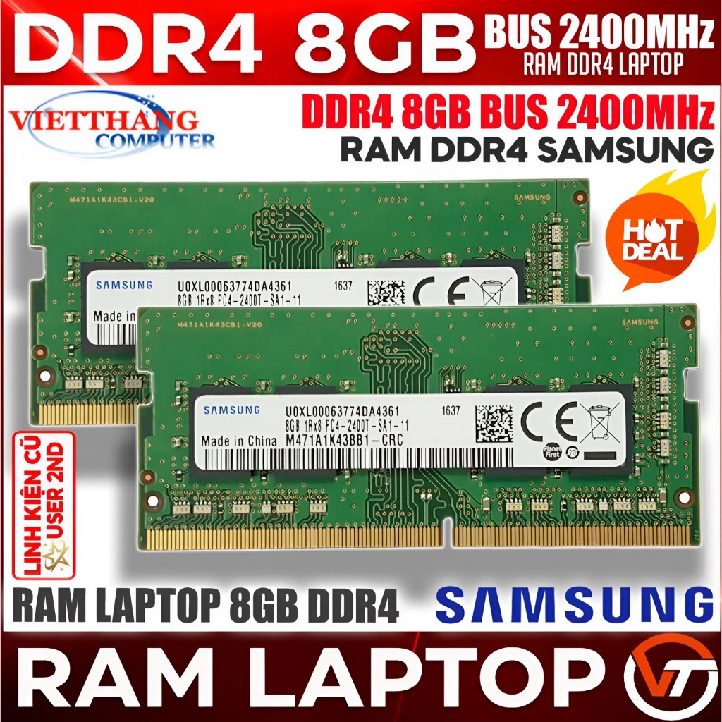 Ram Máy Tính Laptop Samsung 8GB DDR4 Bus 2400Mhz Dùng cho Laptop Tháo máy đẹp như mới ( Cũ - 2nd )