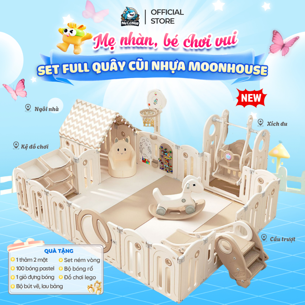 Bộ Quây Cũi Nhựa Full PAKEY Moon House Đa Dạng Trò Chơi Thú Vị Cho Bé, Quây Nhựa Dày Dặn Bảo Hành 1 