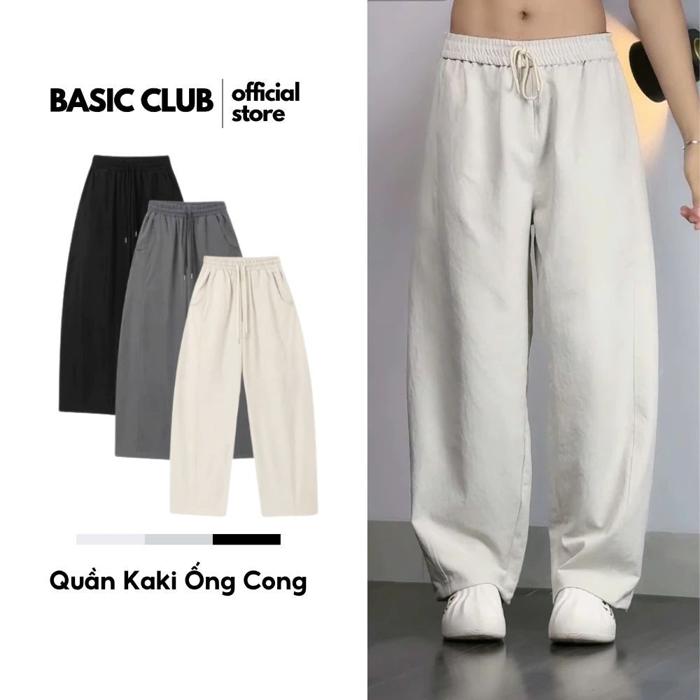 (DEAL MỞ BÁN) Quần Kaki Ống Rộng Dáng Cong Nhẹ Phối Line, Quần Lưng Chun Co Giãn Dáng Suông