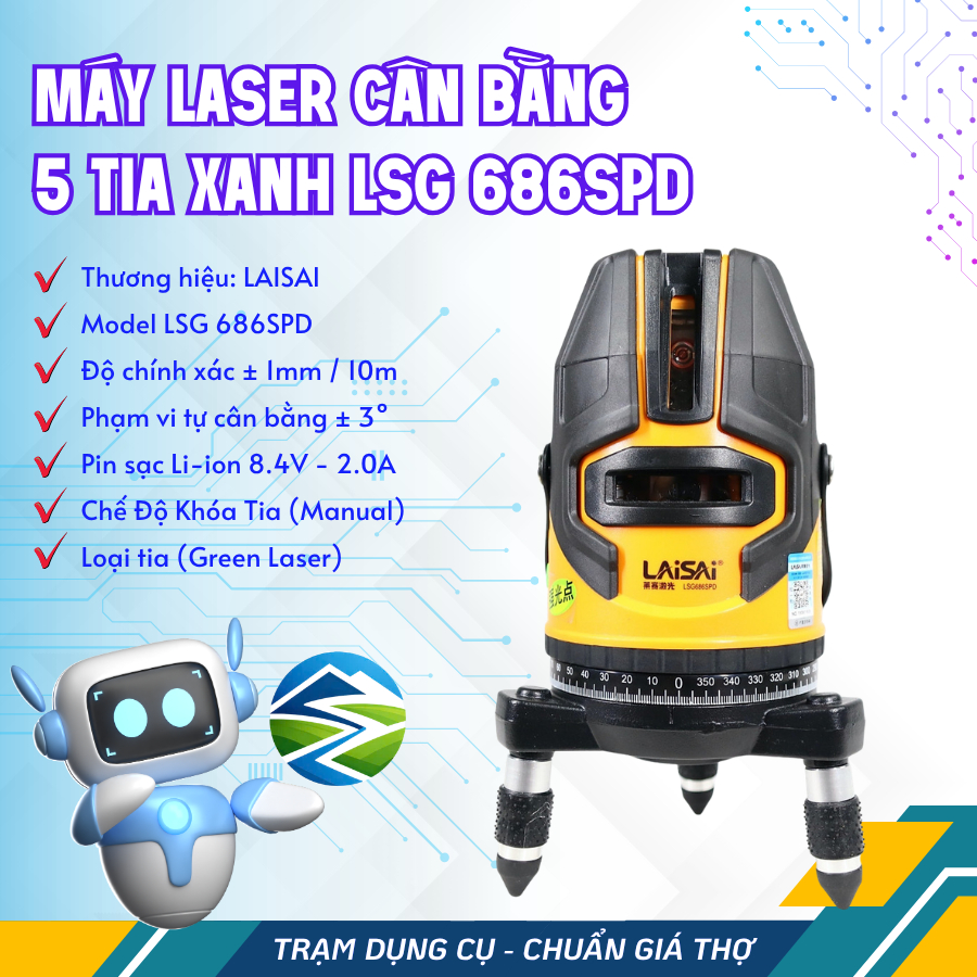 Máy Cân Bằng Laser 5 Tia Xanh LAISAI LSG 686SPD - Huyền Thoại Siêu Bền, Sai Số 1mm