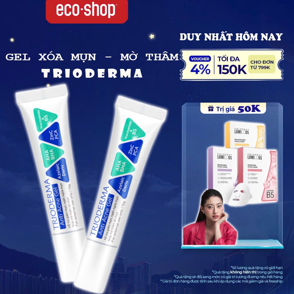 Kem Giảm Mụn Trioderma Anti Acne Gel Mụn Chính Hãng Giúp Giảm Mụn Ngừa Thâm Mờ Sẹo Tuýt 15g