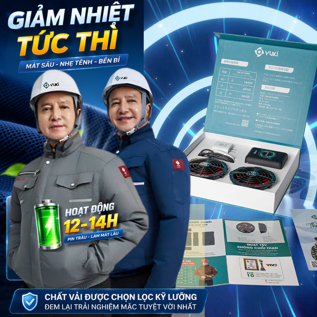 Áo điều hòa YUKI Chính Hãng thương hiệu Nhật Bản, công suất 21V, mạnh mẽ 12-14h mát cực nhanh