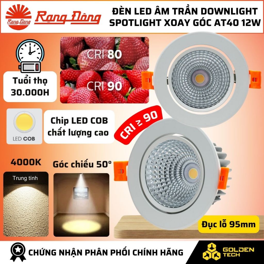 (Rạng Đông) Đèn LED âm trần Downlight Spotlight xoay góc 12W Trung tính 4000K góc 50° AT40 95/12W