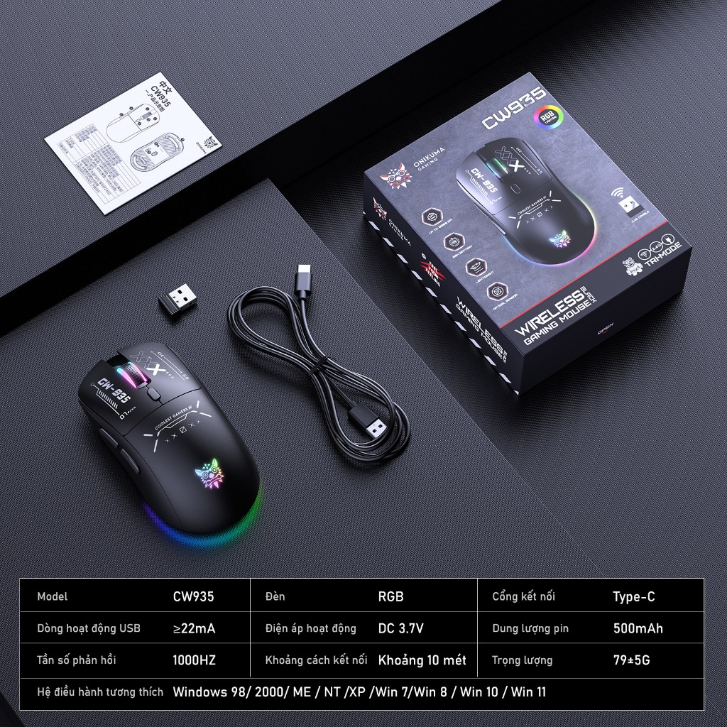 Chuột không dây gaming Onikuma cw935 bluetooth usb 2,4G 3 MODE pin sạc 6 nút bấm led RGB 5 mức DPI Kết nối máy tính/iPad | BigBuy360 - bigbuy360.vn