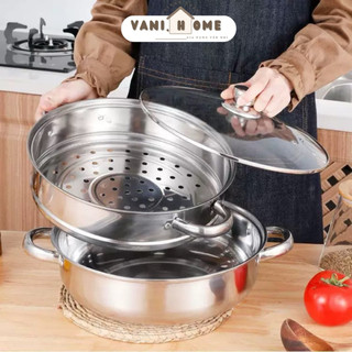 Nồi hấp inox 2 tầng cao cấp - Bộ xửng hấp 28cm có nắp kính